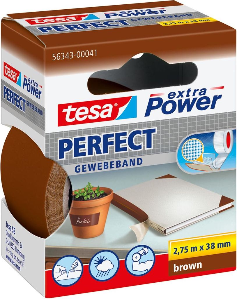 tesa extra Power Perfect Gewebeband - Gewebeverstärktes Ductape zum Basteln, Reparieren, Befestigen, Verstärken und Beschriften - Braun - 2,75 m ...