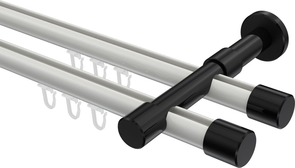 Interdeco Innenlaufstange / Gardinenstange mit Innenlauf Weiß / Schwarz, Typ Prestige Santo (Kappe), 20 mm Ø 2-läufig, 480 cm