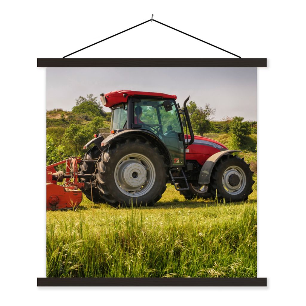 MuchoWow Textilposter Traktor - Rot - Natur - Grün - Landleben 120x120 cm mit schwarzem Rahmen - Aufhängungsset