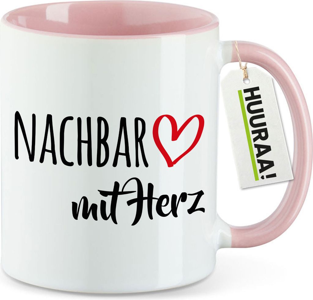 Huuraa Kaffeetasse Nachbar mit Herz 330ml Rosa Keramik Kaffeebecher Geschenkidee