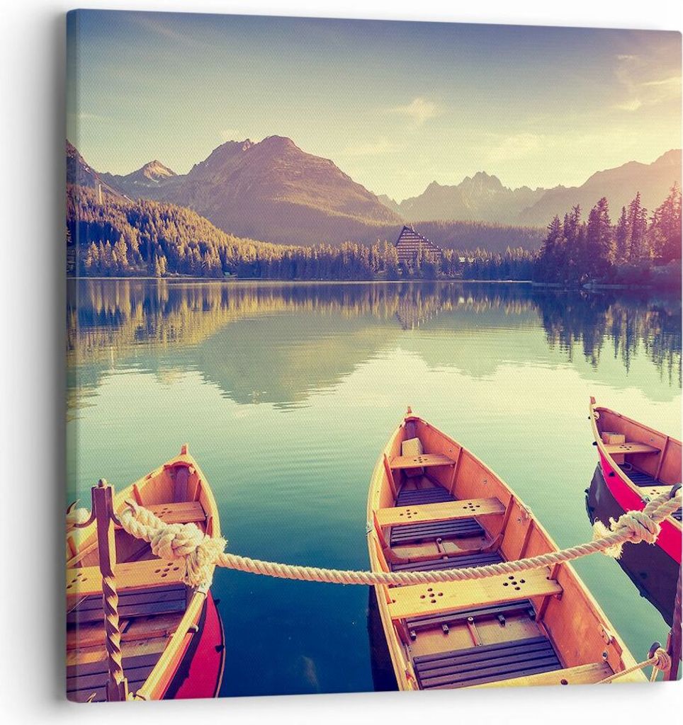Bild auf Leinwand - Leinwandbild - Berge See Boot - 40x40cm - Wand Bild - Wanddeko - Wandbilder - Leinwanddruck - Bilder - Kunstdruck - Wanddekorat...