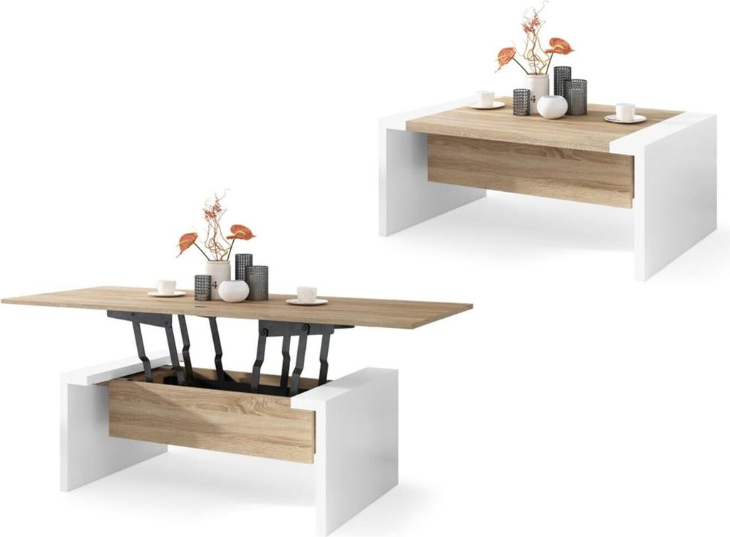 All4All Couchtisch Carlo , Kaffeetisch , Wohnzimmertisch , Sofatisch , ausklappbar , höhenverstellbar , 110x70cm , 05 , Sonoma Eiche + Weiß