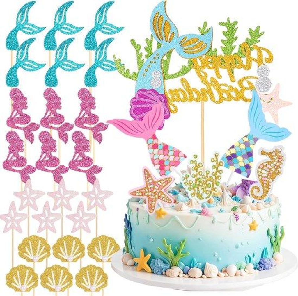 30 Glitter Unterwasser Cupcake Dekorationen Mini Folien mit Fischschwanz Figürchen