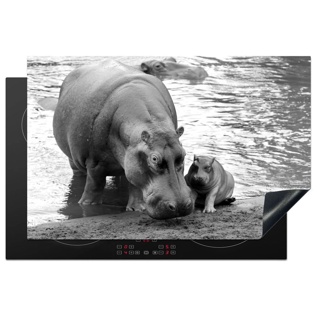 KitchenYeah Herdabdeckplatte Nilpferd im Wasser - schwarz und weiß , 80x52cm, Küche Deko, Glaskeramikkochfeld Herdabdeckung, Abdeckplatte fùr ...