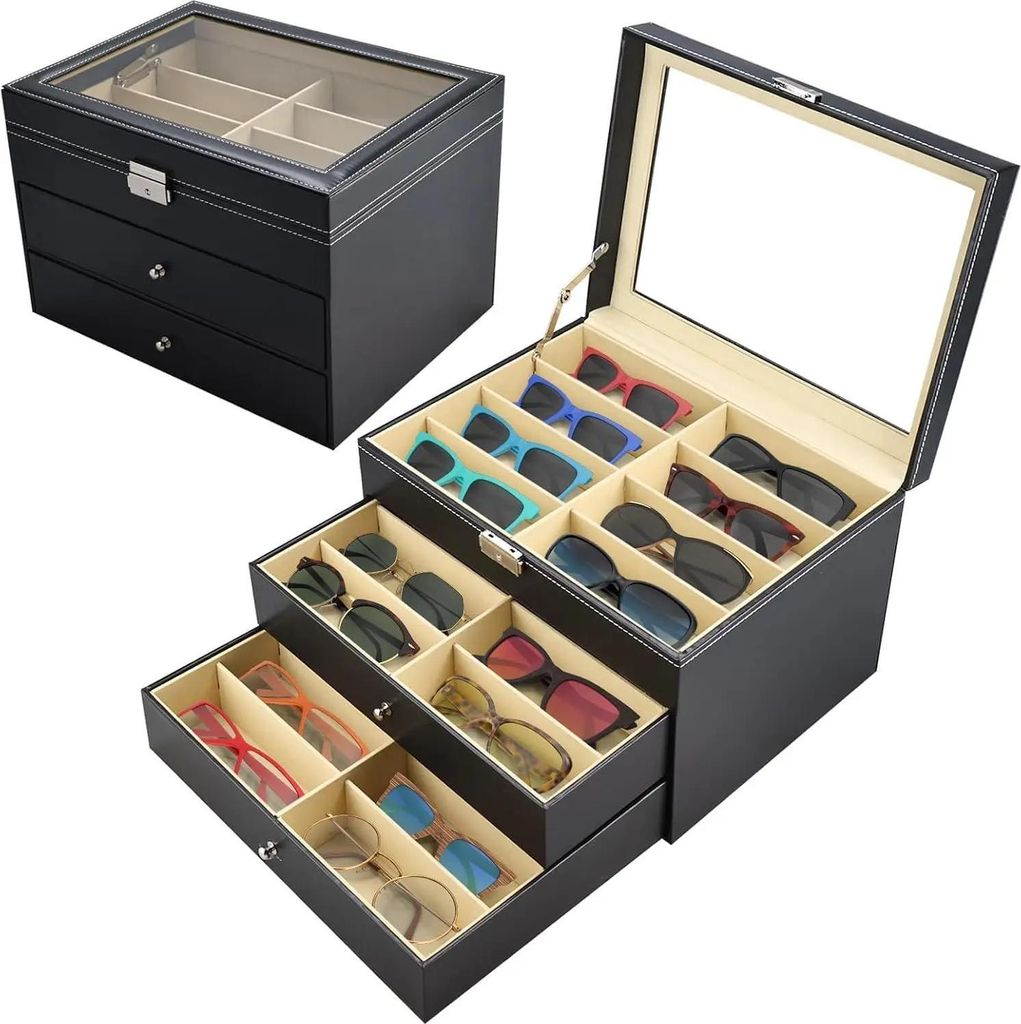 Sonnenbrillen Aufbewahrung - Displaybox - Glasdeckel - Abschließbar - Kunstleder - Rechteckig - Größe L - Schwarz