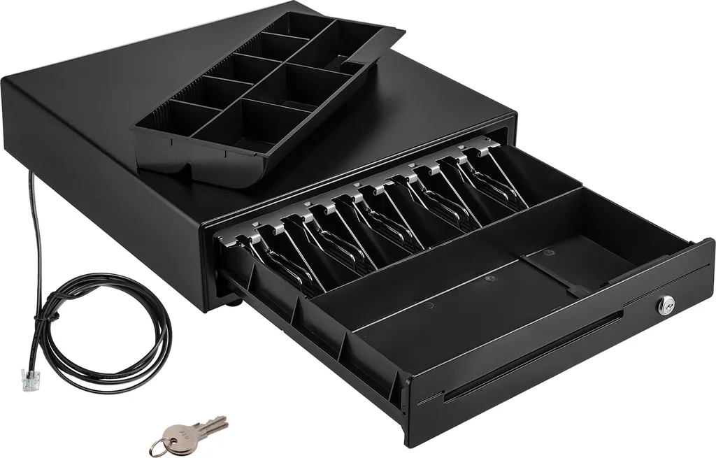 Cassetto cassa 16" 12V con 5 scomparti per banconote e 8 scomparti per monete per sistemi POS, scomparto per monete estraibile, 2 pulsanti, cavo RJ11/RJ12