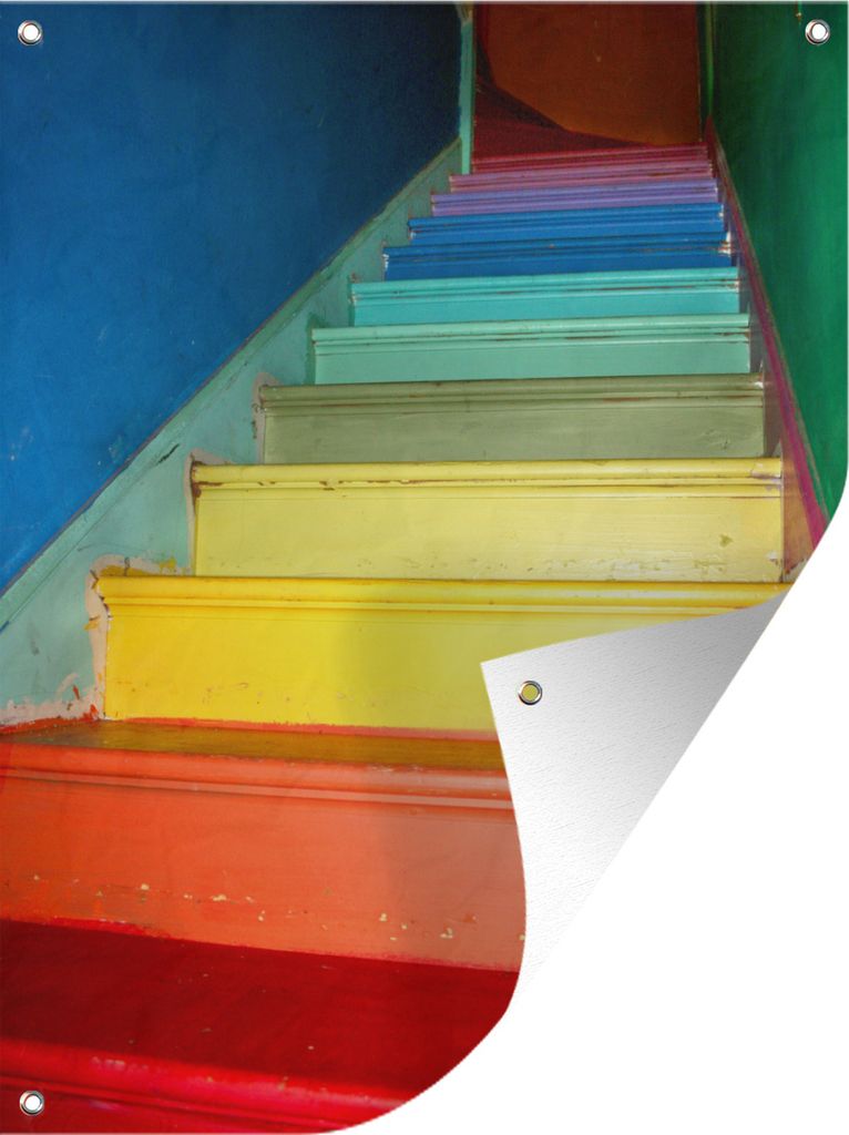MuchoWow 60x80 cm Outdoor-Poster Gartendeko Sichtschutz Garten Poster für den Garten Treppe in den Farben des Regenbogens