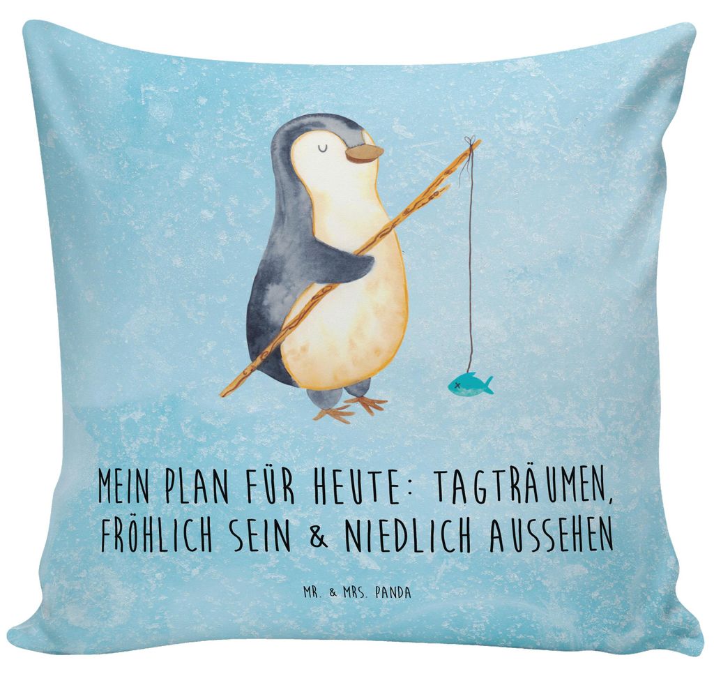 Mr. & Mrs. Panda Sofakissen Pinguin Angler - Eisblau - Geschenk, Neustart, Geschenkidee, Motiviert, Dekokissen Sofa, kuschelkissen 40x40, Motivatio...