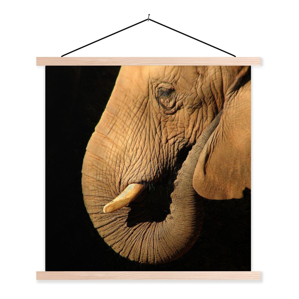 MuchoWow Textilposter Elefant - Tiere - Nahaufnahme - Schwarz 40x40 cm mit holzfarbenen Rahmen - Posterleiste