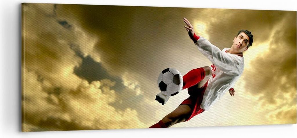 Bild auf Leinwand - Leinwandbild - Ball Junge Fußball Training - 120x50cm - Wand Bild - Wanddeko - Leinwanddruck - Bilder - Kunstdruck - Wanddekor...