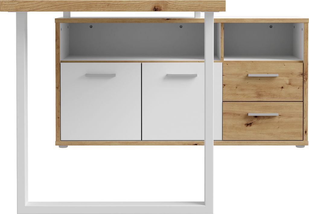 Furniture24 Schreibtisch Mit Kommode Keflavik Kflb141-J53 Auflageschreibtisch Eckschreibtisch Weiß/Artisan Eiche