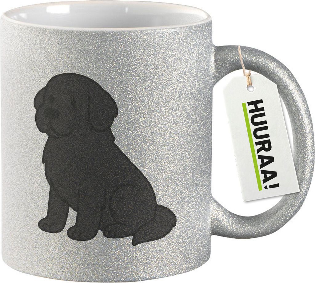 Huuraa Glitzertasse Neufundländer Comic Neufi 330ml Silber Keramik Kaffeebecher Geschenkidee
