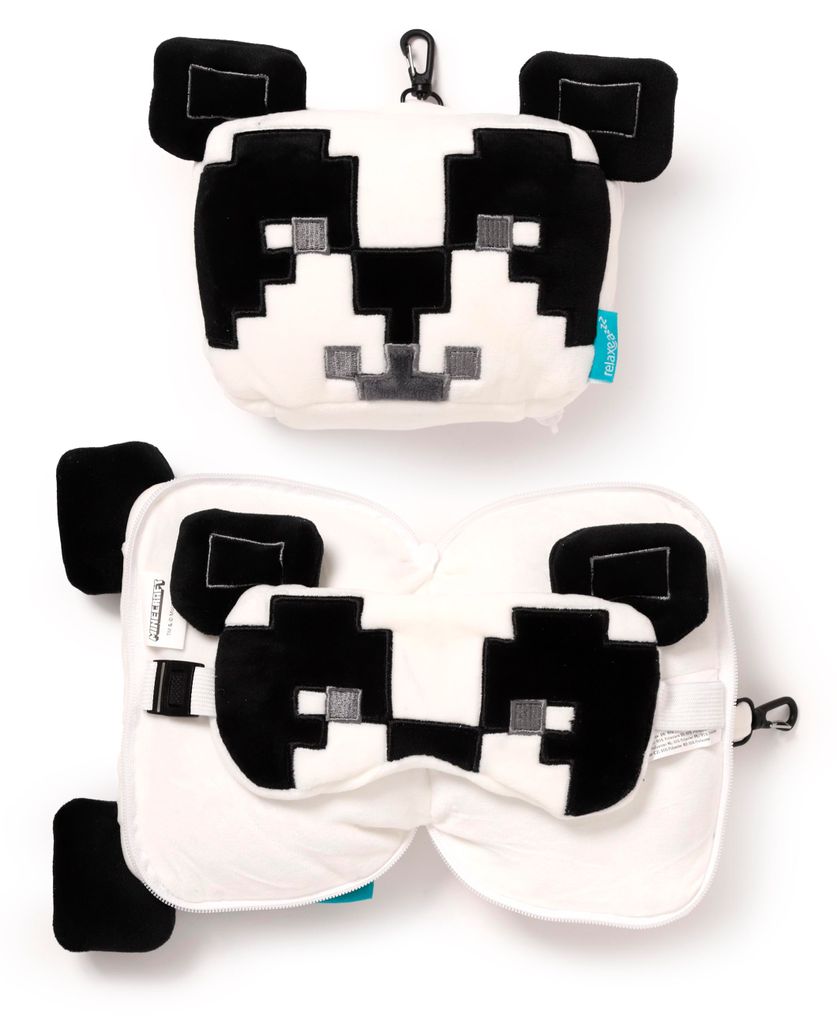 Relaxeazzz Plüsch Reisekissen Schlafmaske viele Designs gut verstaubar für Flüge Auto Minecraft Panda