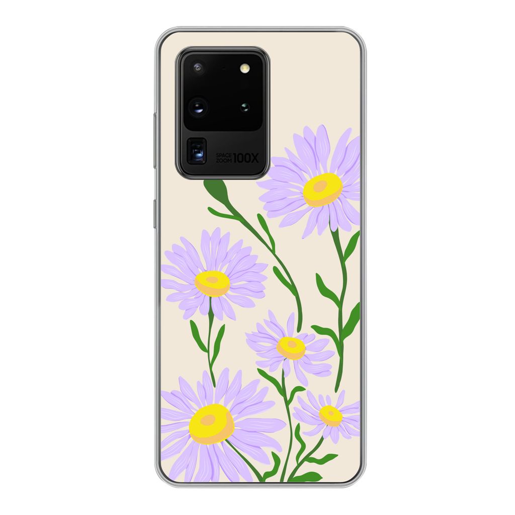 MuchoWow Handyhülle Schutzhülle Hülle für Samsung Galaxy S20 Ultra Blume - Lila - Minimalismus Silikon Softcase Handy Hülle - Karteninhaber ...