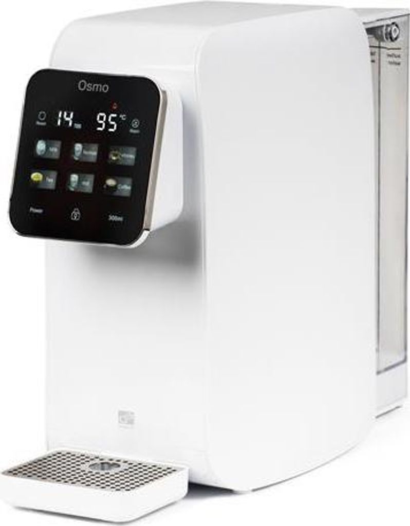 A white water purifier with a digital display.