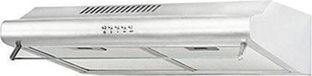 A stainless steel range hood is shown against a white background.