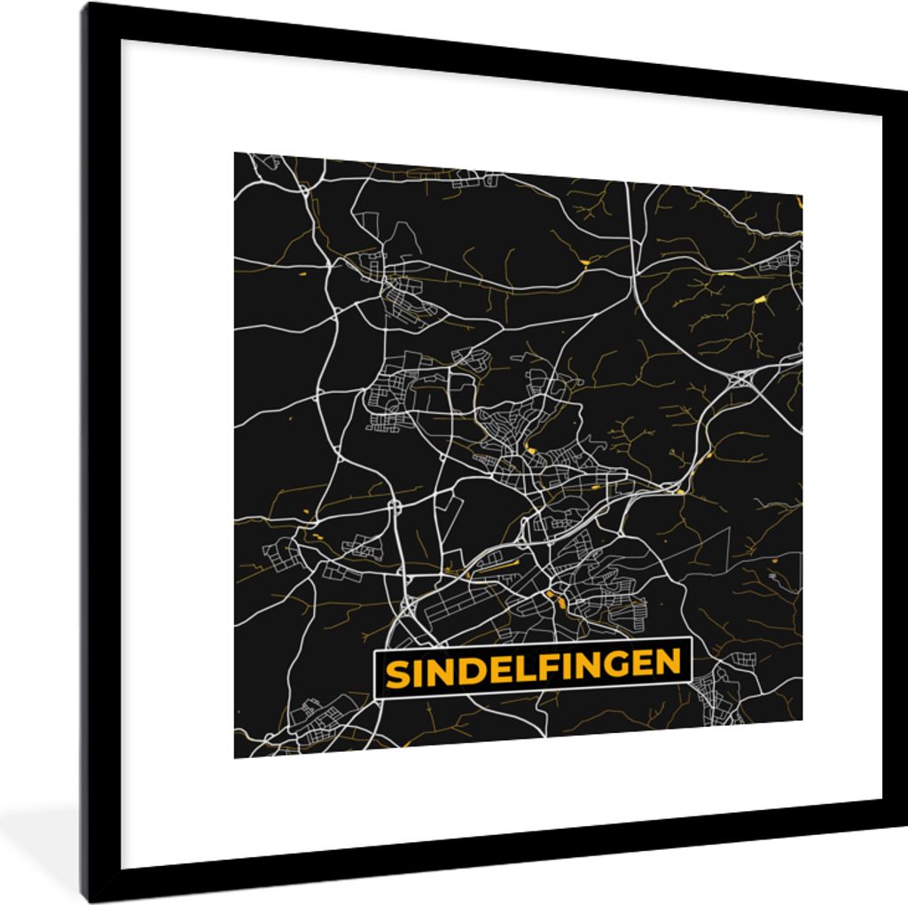 MuchoWow Gerahmtes Poster Sindelfingen - Gold - Stadtplan - Deutschland - Karte 40x40 cm - Poster mit Schwarzem Bilderrahmen Wandposter Rahmen Fo...