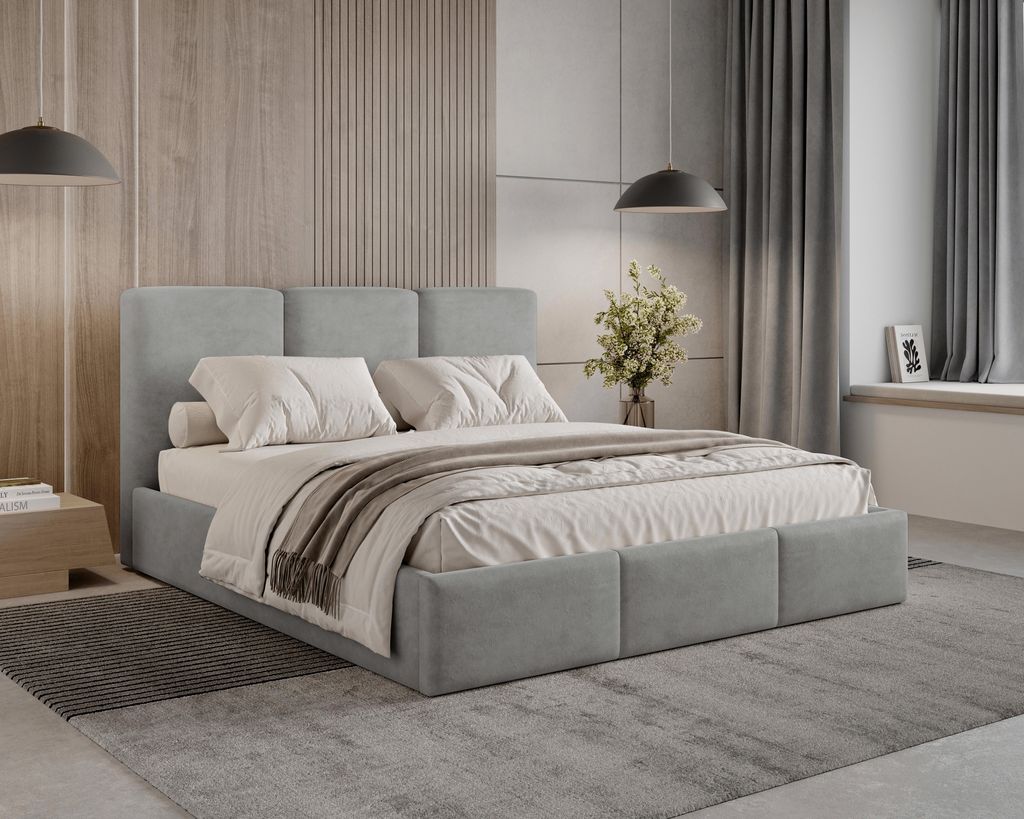 BESILIO Polsterbett mit Stauraum 140x200 Elora – schlankes Bett mit dekorativem Kopfteil und Metallrahmen – Grau