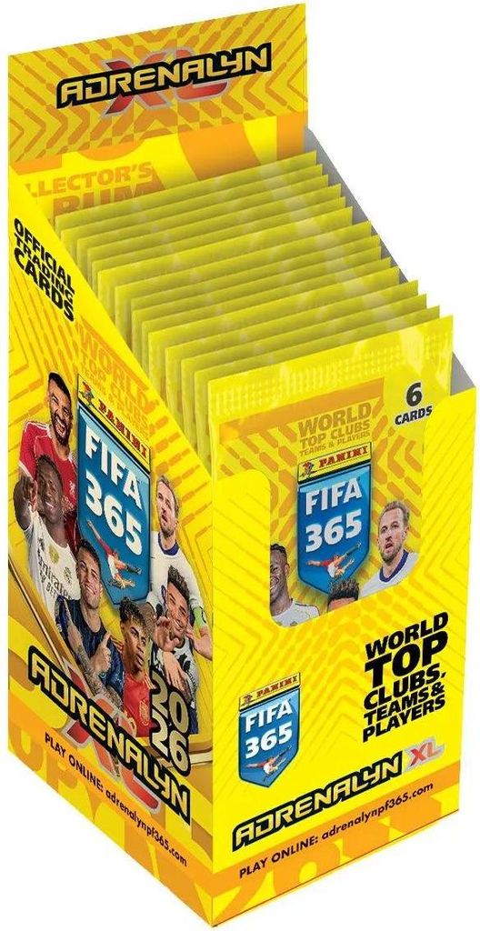 A display box filled with Panini FIFA 365 Adrenalyn XL trading card packs.