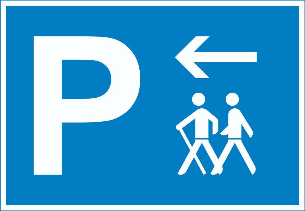 Wanderer Parkplatz mit Richtungspfeil links Schild waagerecht A1 Rückseite selbstklebend