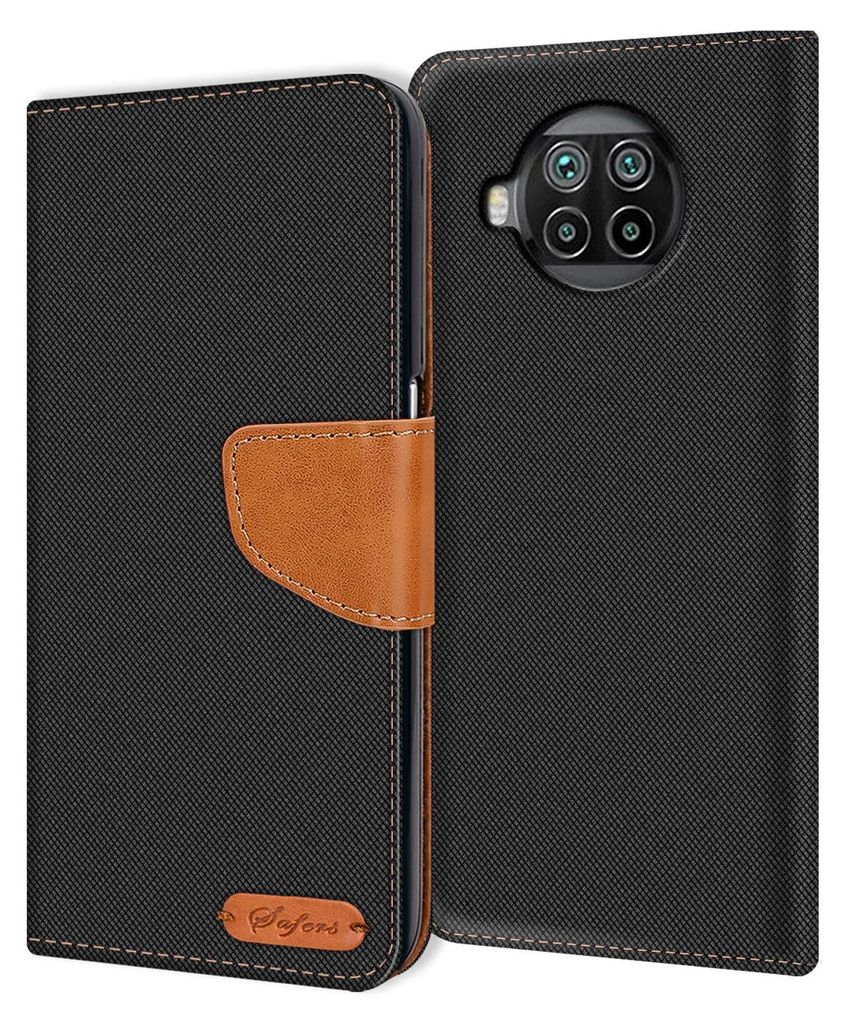 A black flip case for a smartphone, shown open to reveal the inside and the phone's camera module.