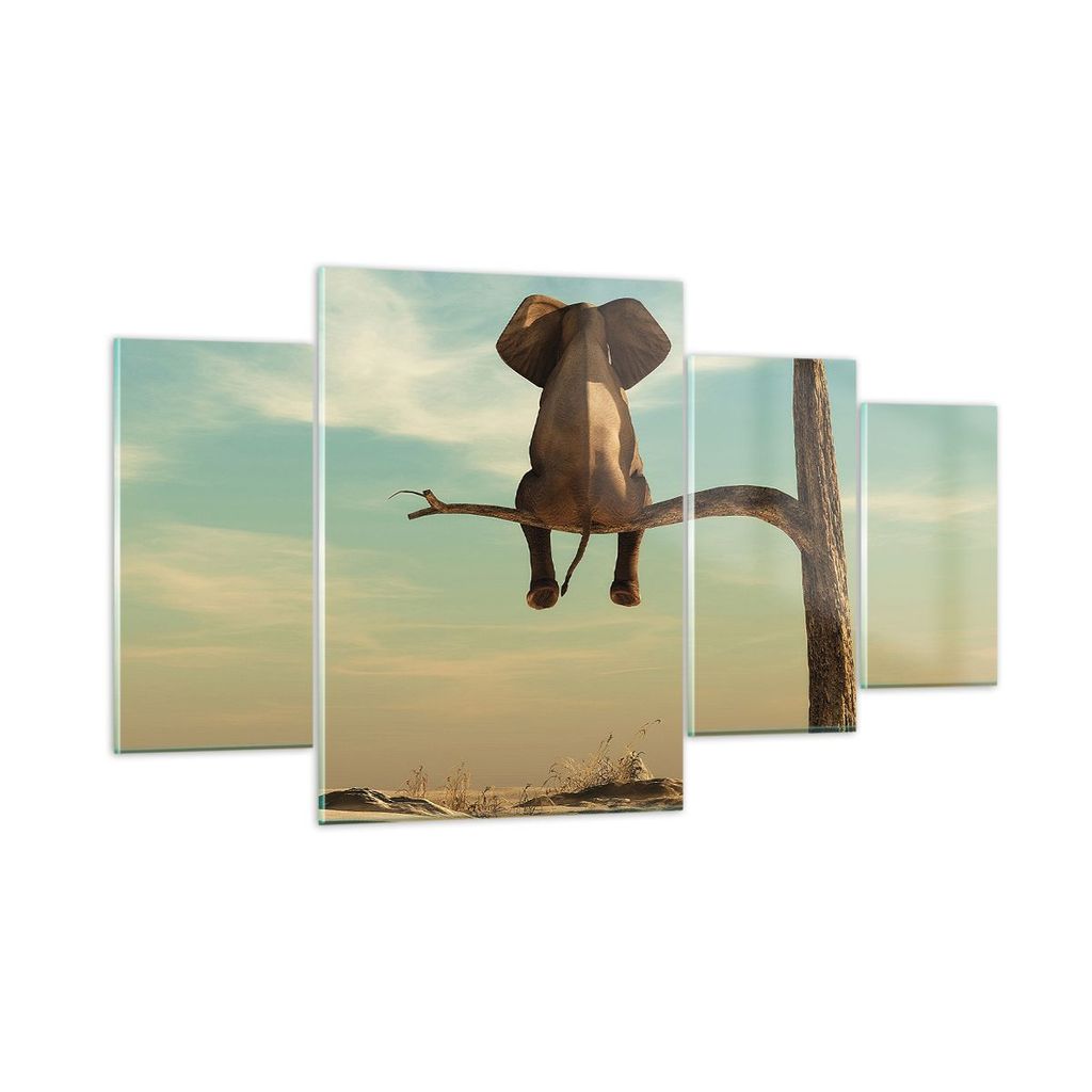 Bilder auf glas - 4 Teile - Elefant sitzend Ast - 160x90cm - Glasbilder - Wandbilder - Bilder - zum Aufhängen bereit - Wanddekoration aus Glas - G...