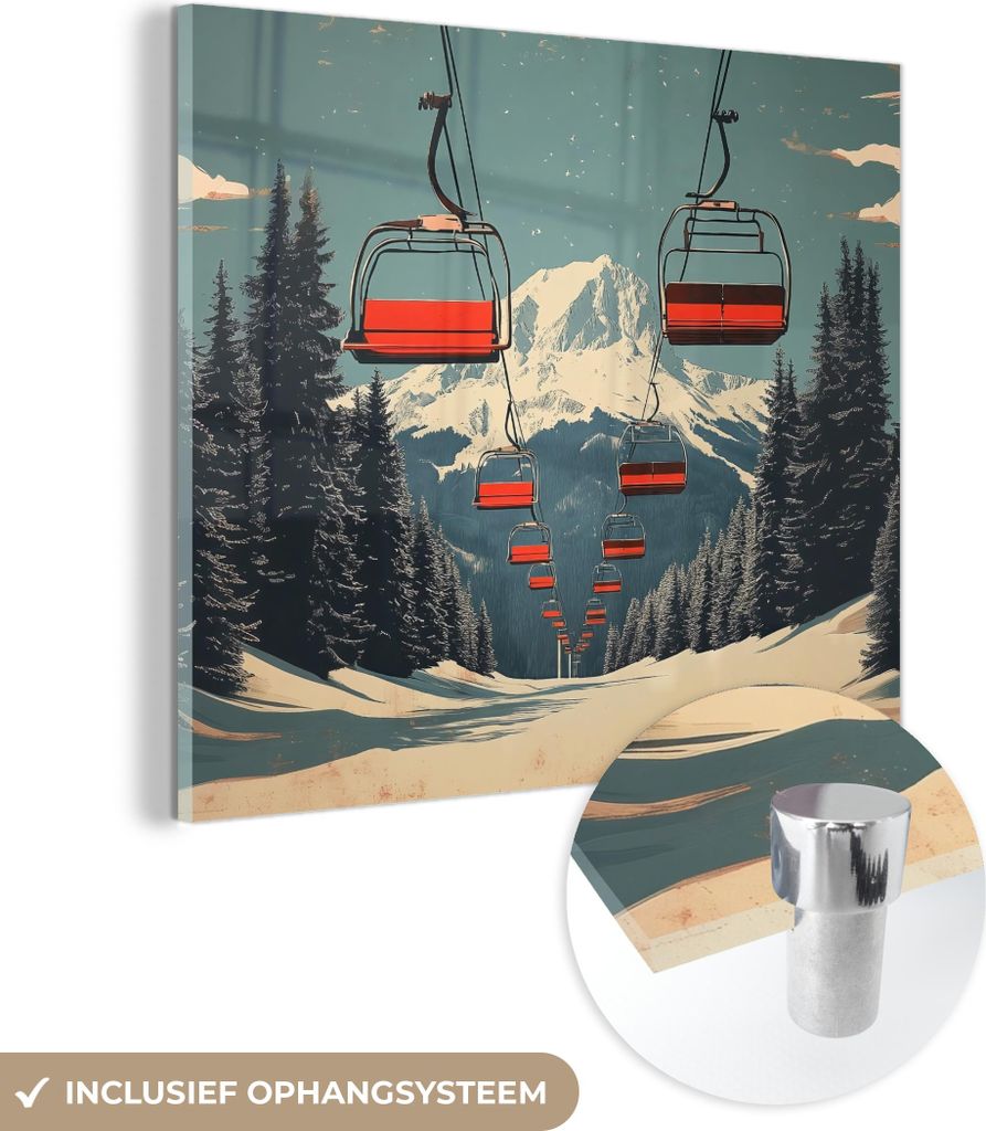 MuchoWow Glasbilder - Bilder auf Wandbild - Foto auf Glas Schnee - Skilift - Rot - Bäume 40x40 cm Wanddekoration aus Glas - Acrylglasbild - Acrylb...