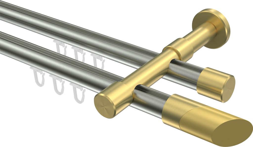 Interdeco Innenlaufstange / Gardinenstange mit Innenlauf Edelstahl-Optik / Messing-Optik, Typ Prestige Verano (Schräge Bicolor), 20 mm Ø 2-läufi...