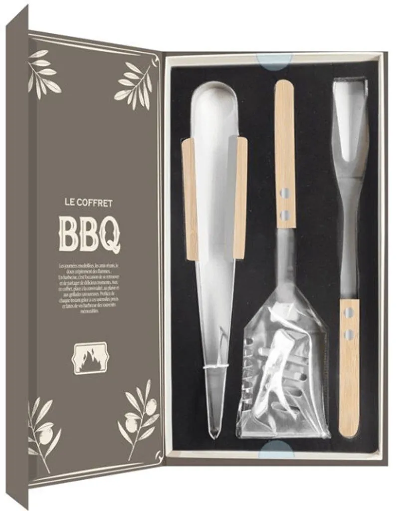 Kit ustensiles barbecue inox et bois avec coffret cadeau complet