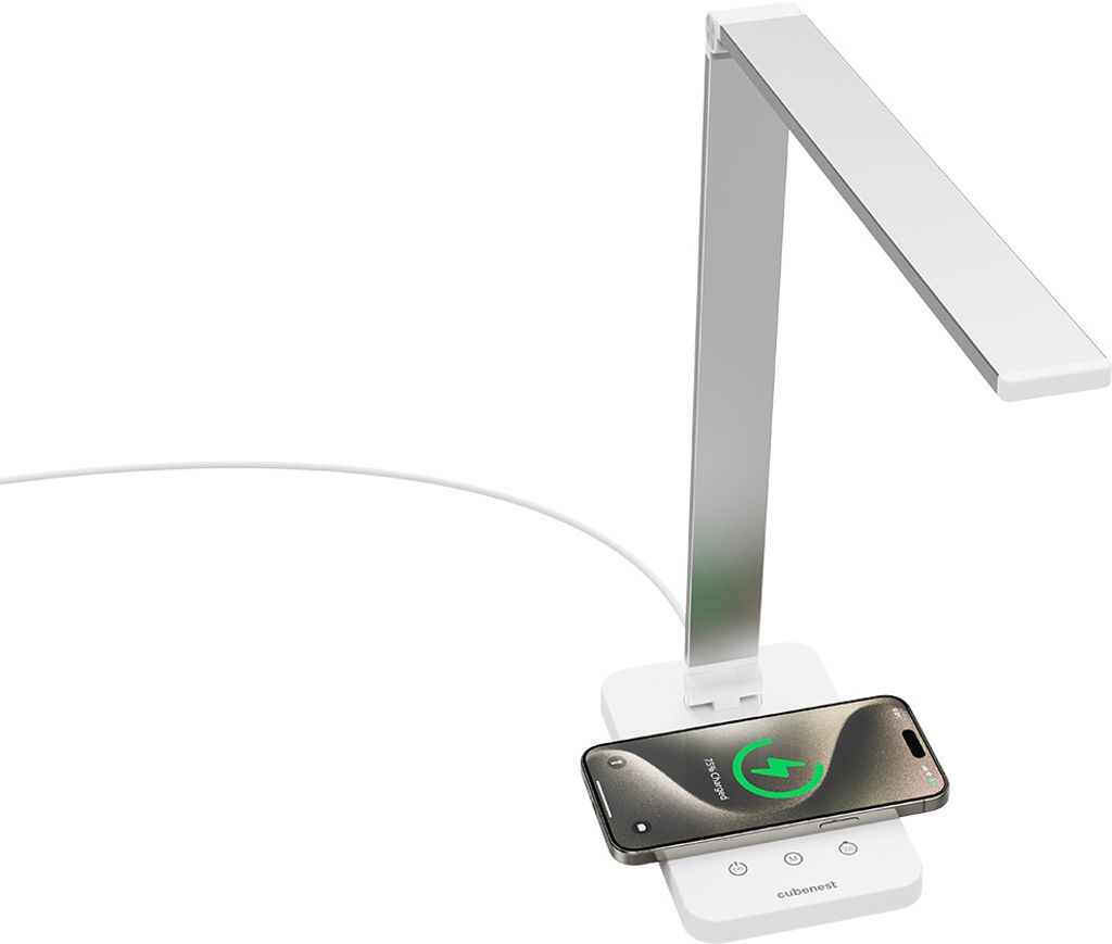 Cubenest LTW01C - LED-Tischleuchte mit kabellosem Ladegerät - Leselampe - 5 Lichtfarben - Dimmer - Leselampe - Kabelloses Laden - Weiß