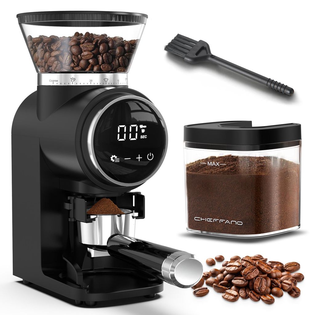 CHEFFANO Elektrische Kaffeemühle mit Kegelmahlwerk & 30 Mahlstufen, Touchscreen für bis zu 12 Tassen - Für Espresso, Filterkaffee, French Press