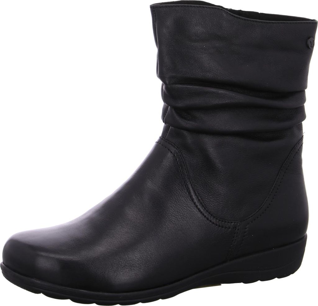 A black leather boot is shown against a white background.