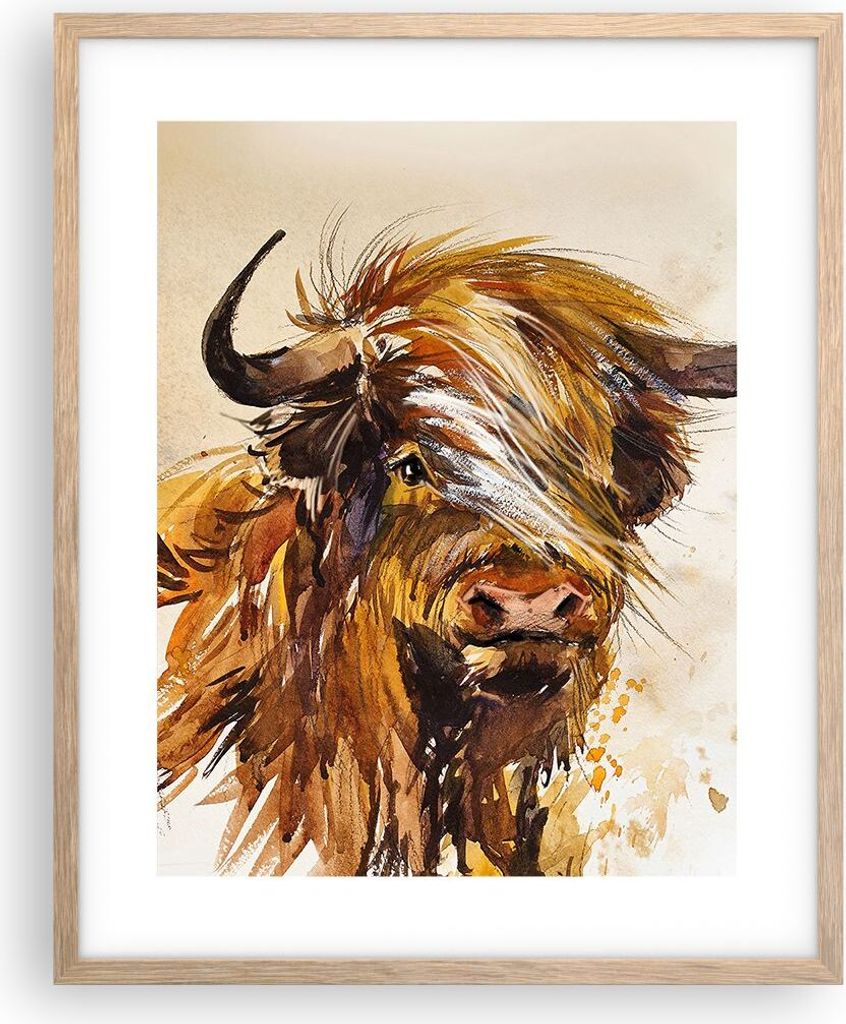 Gerahmtes Poster - Rahmen in heller Eiche - Stier Scotch Aquarell - 40x50 cm - Wand Bild - Wanddeko - Wandbilder - Kunstposter - Wandposter - Bilde...