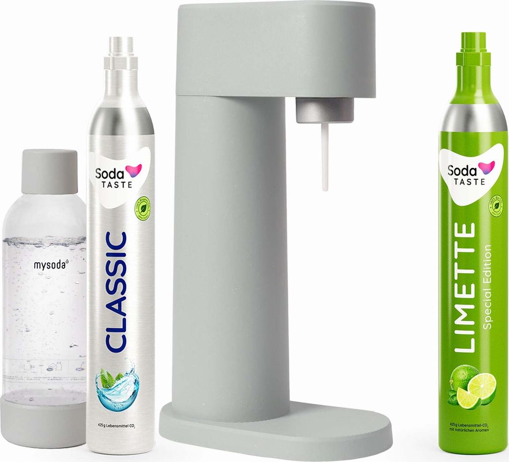 A soda maker with two CO2 cylinders and a water bottle, presented against a white background.