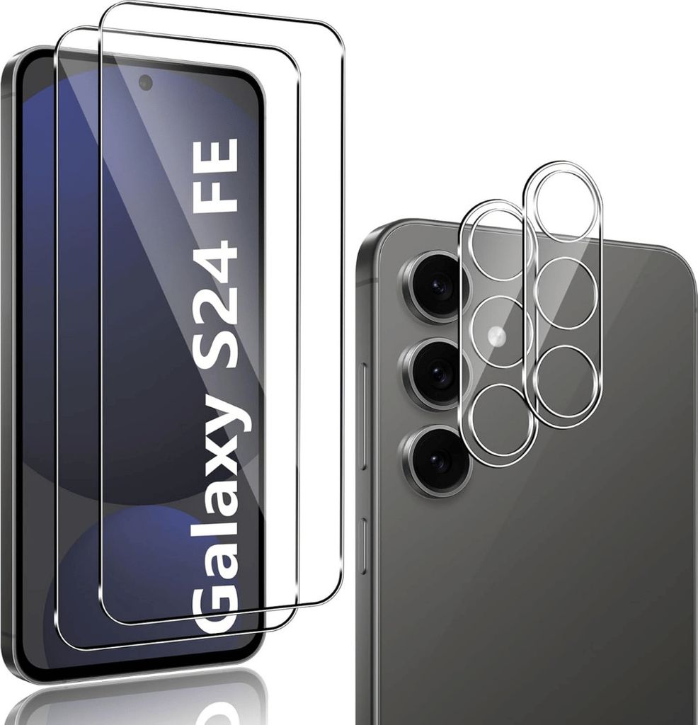 A product image showing screen protectors and camera lens protectors for a Samsung Galaxy S24 FE 5G.