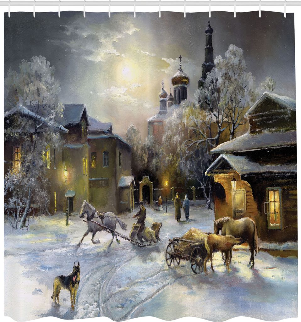 ABAKUHAUS Land Duschvorhang, Winterlandschaft Einer Western Town In Der Nacht In Der Neuen Welt Im Retro Stil Kunst, Stoffliches Gewebe Badezimmerd...