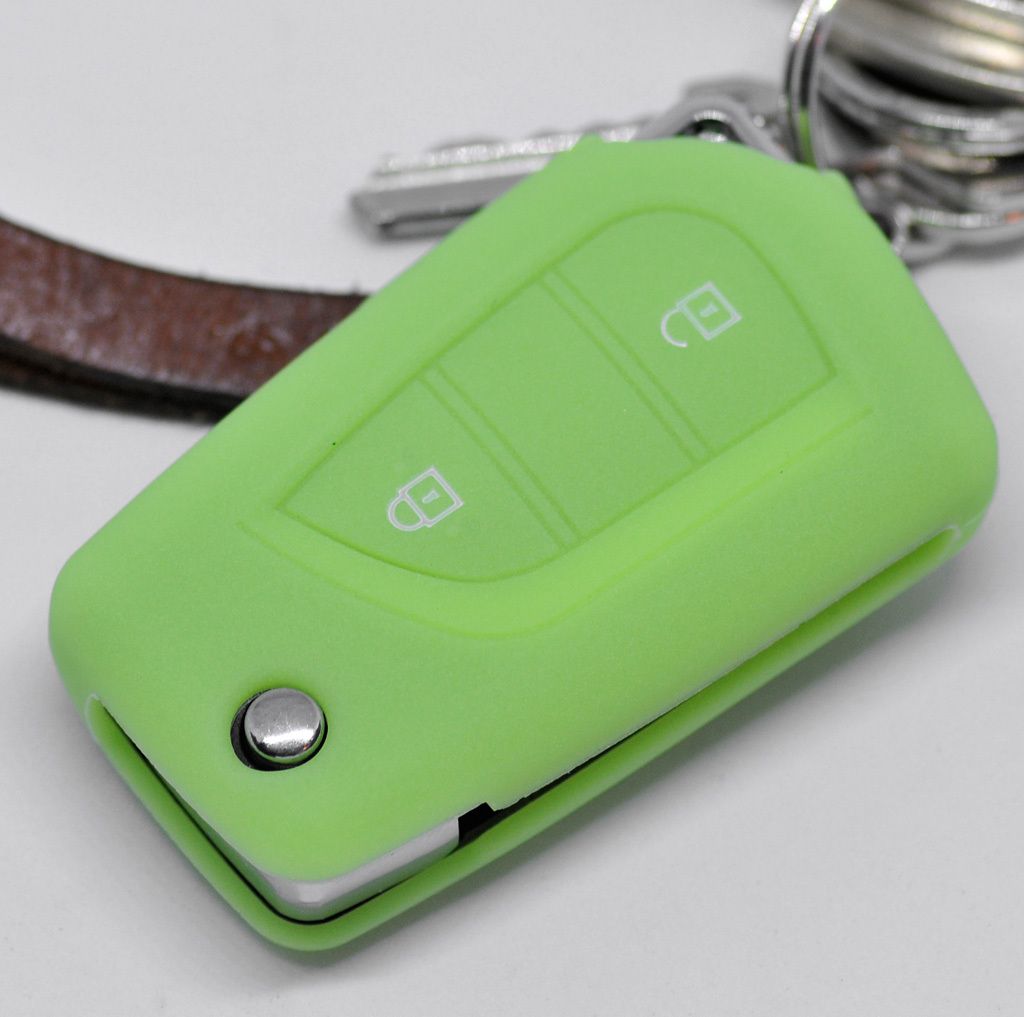 Auto Schlüssel Hülle Silikon Schutz Cover Fluoreszierend Grün kompatibel mit Toyota Aygo Citroen C1 Peugeot 108 2 Tasten Klappschlüssel