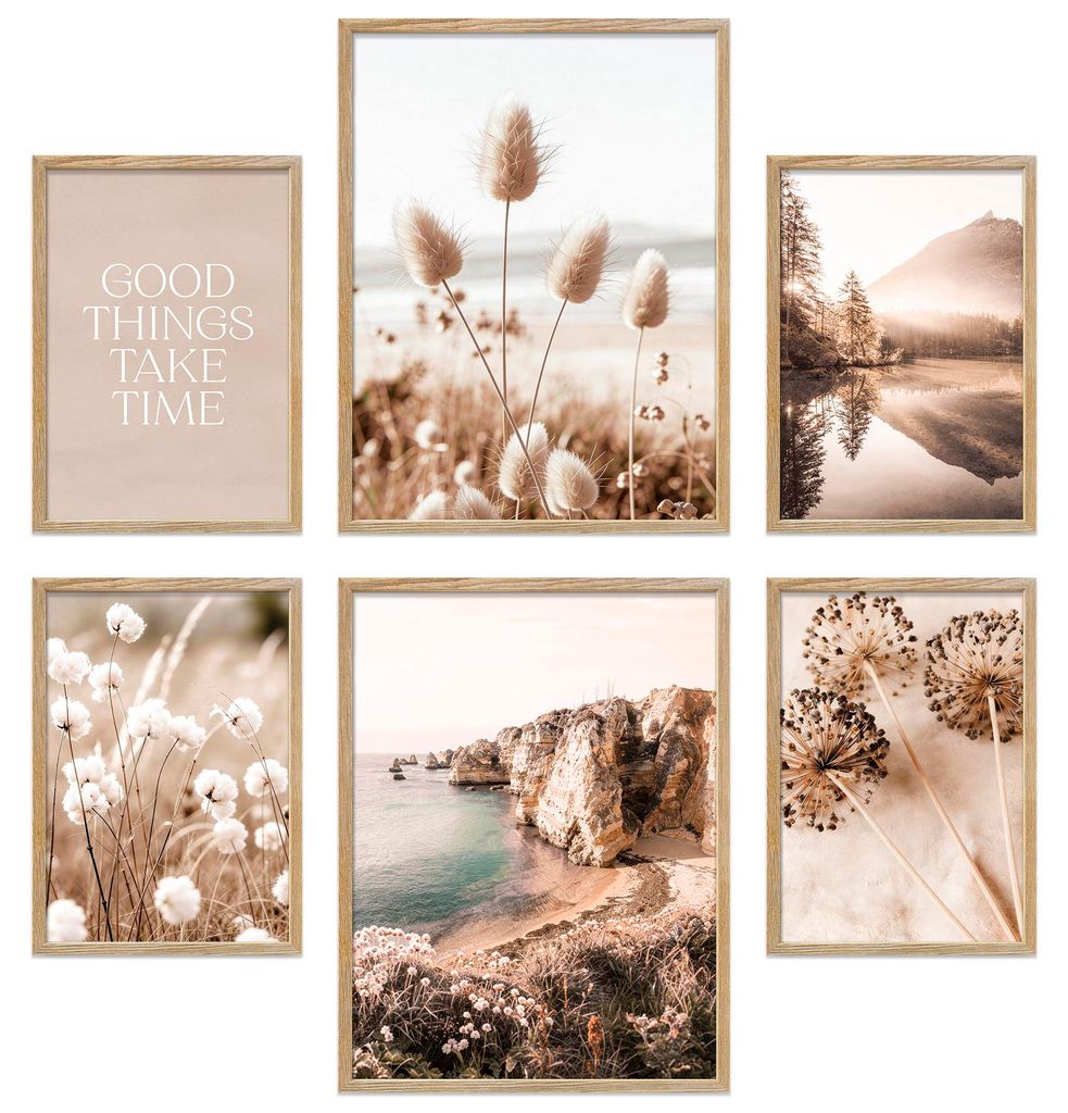 ARTFAVES Poster Set - Boho Summer I mehrteilige Bilderwand für Wohnzimmer, Schlafzimmer I Wandbilder Sommer I mit Rahmen Eiche-Optik