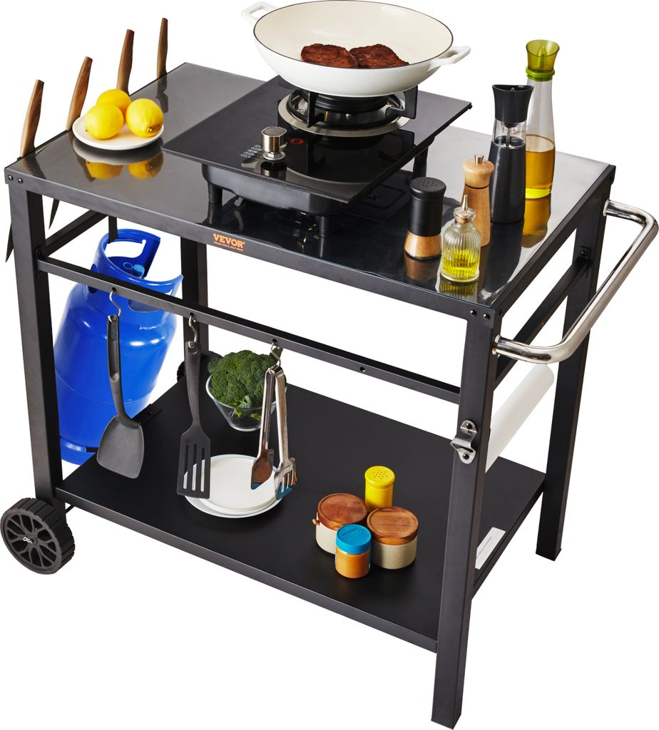 A black metal kitchen cart with a stovetop, cooking utensils, ingredients, and a propane tank.
