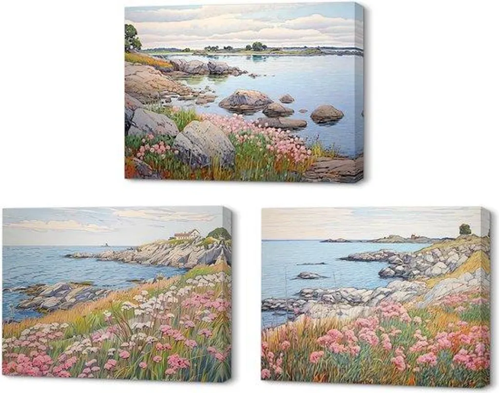 Triptyque Paysage Floral Aquarelle 40x30cm Châssis Bois Haute Qualité
