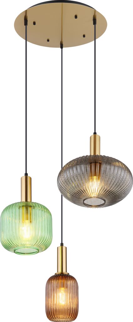A multi-pendant light fixture with three glass shades in different colors and textures, suspended from a round gold-colored base.