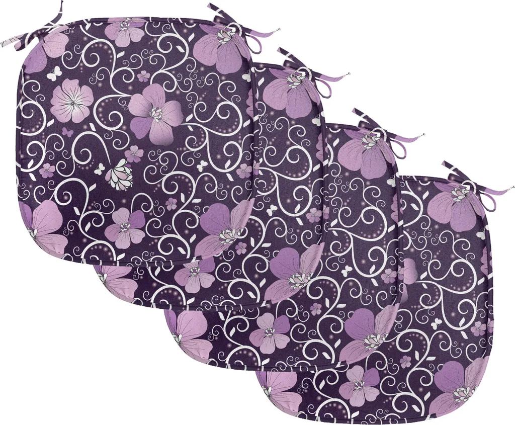 ABAKUHAUS Cuscini floreali per sedie da sala da pranzo, motivo floreale, cuscini decorativi impermeabili con cinturini per sedie da cucina, 40 cm x 40 cm, confezione da 4, viola scuro e bianco