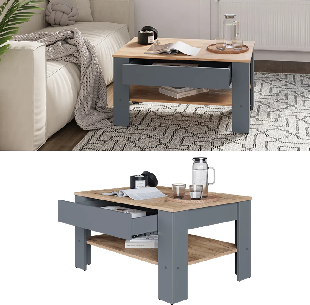 Table basse Vicco Milan Anthracite et Chêne doré 92,2x65cm Modèle 54384
