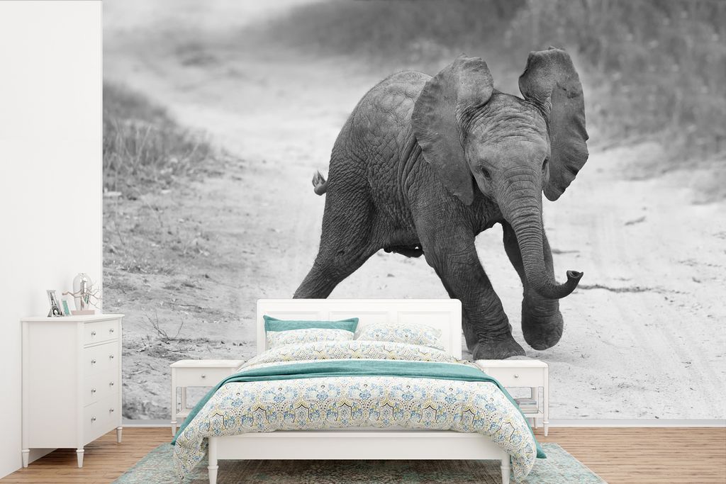 MuchoWow Fototapete für Wohnzimmer oder Schlafzimmer Wandtapete Vinyl Motivtapete Elefantenbaby, das im Sand spazieren geht, in Schwarz und Wei...