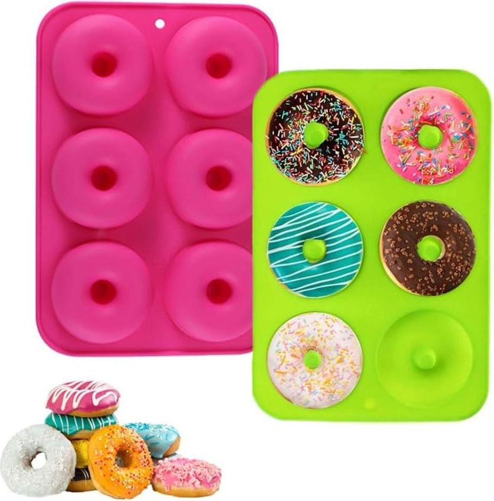 Set aus 2 Silikon-Donutformen - 6 Fächer Antihaft-Backform für Kuchen, Kekse, Bagels, Muffins, Grün und Rosa