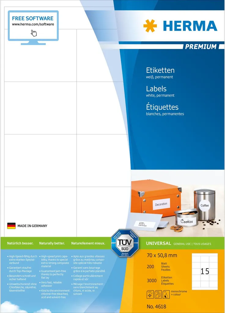 Kit 3000 Etichette HERMA 4618 | Formato 70x50,8mm | Zero Inceppi
