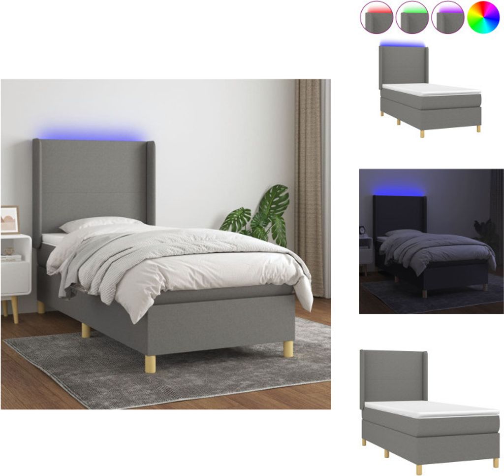 vidaXL Boxspringbett mit Matratze & LED Dunkelgrau 90x200 cm Stoff - Betten & Bettgestelle
