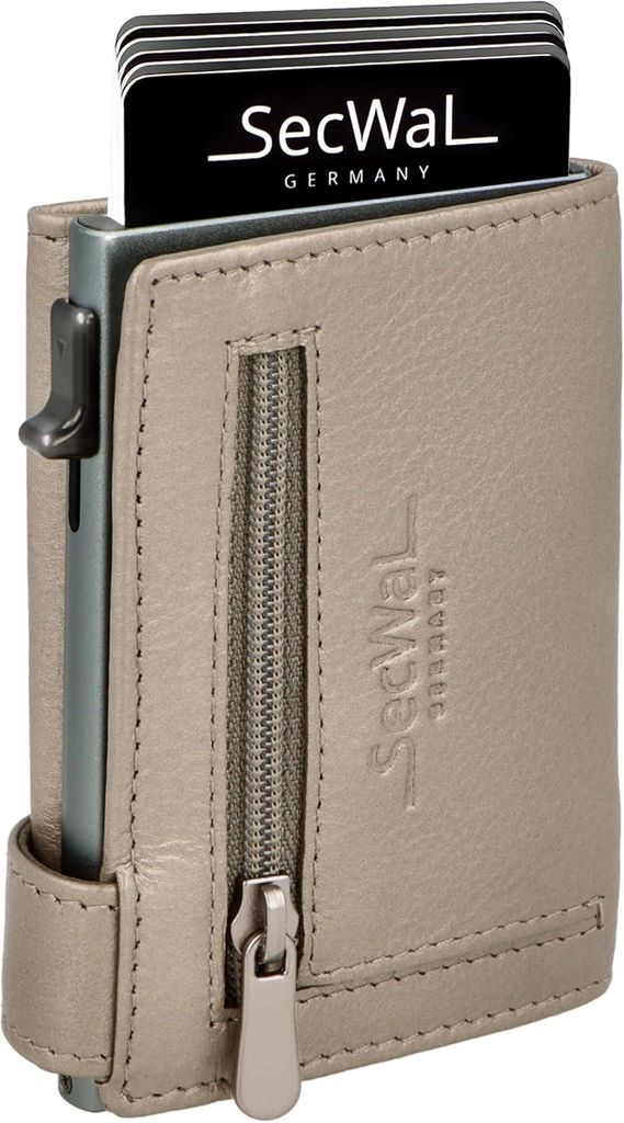 Kartenetui aus Echtleder mit Münzfach und RFID Schutz, Slim Wallet mit Aluminium Kartenhalter für bis zu 10 Karten, Kompakte Geldbörse