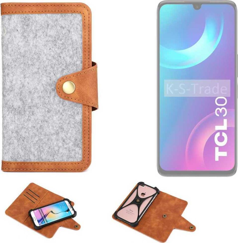 K-S-Trade Handyhülle kompatibel mit TCL 30 Schutzhülle Filz-Hülle Kunst-Leder hellgrau braun (1x)