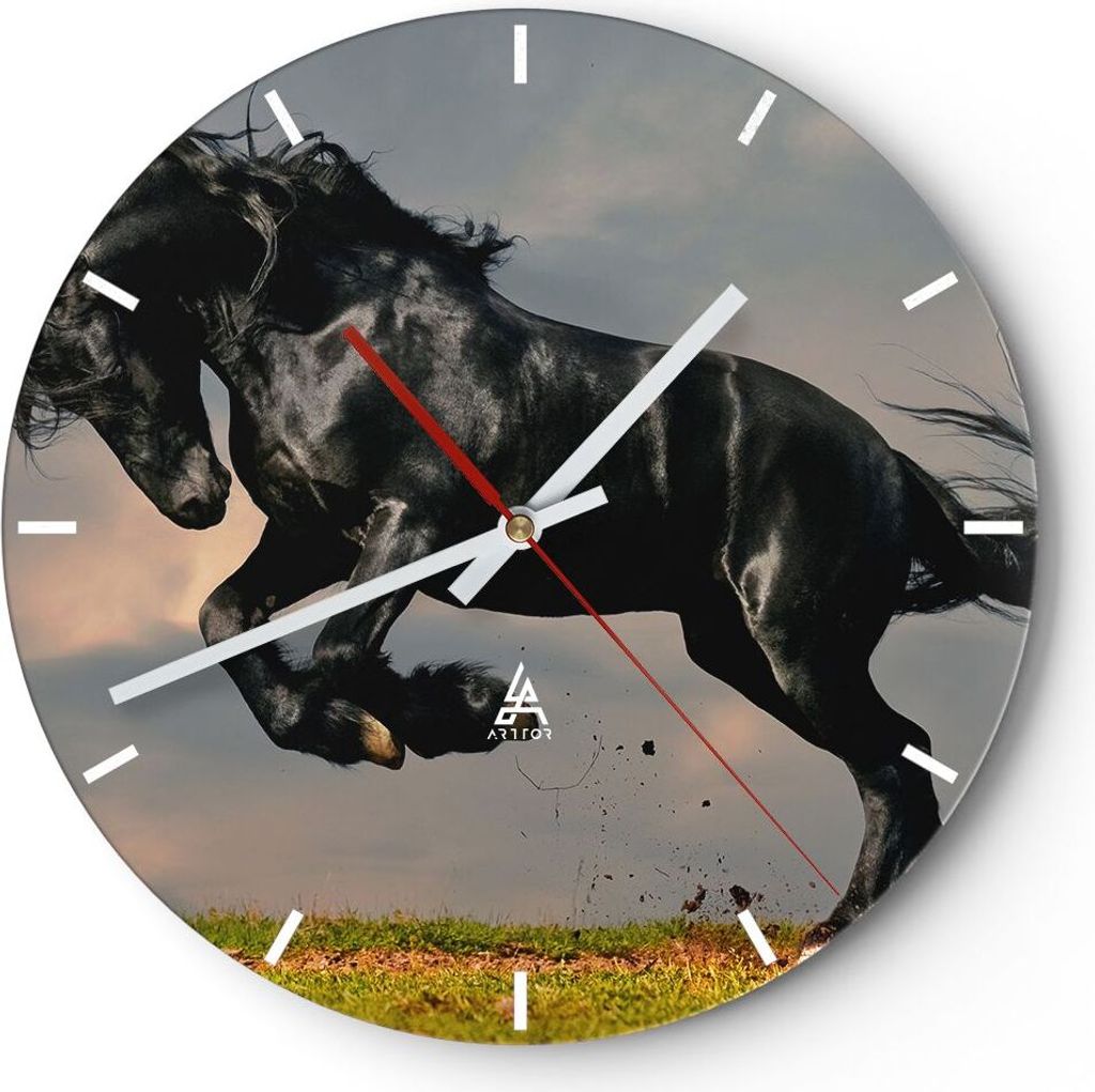Wanduhr - Rund - Glasuhr - Wolke Pferd Wiese Natur - 30x30cm - Schleichendes Uhrwerk - Lautlos - zum Aufhängen bereit - Dekoration Modern - Wandde...